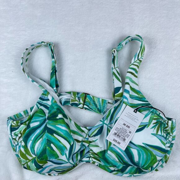 Shade & Shore Bikini Top Womens 36DD‎ Green Leaf Print Shirred Removable Padded - Picture 1 of 4